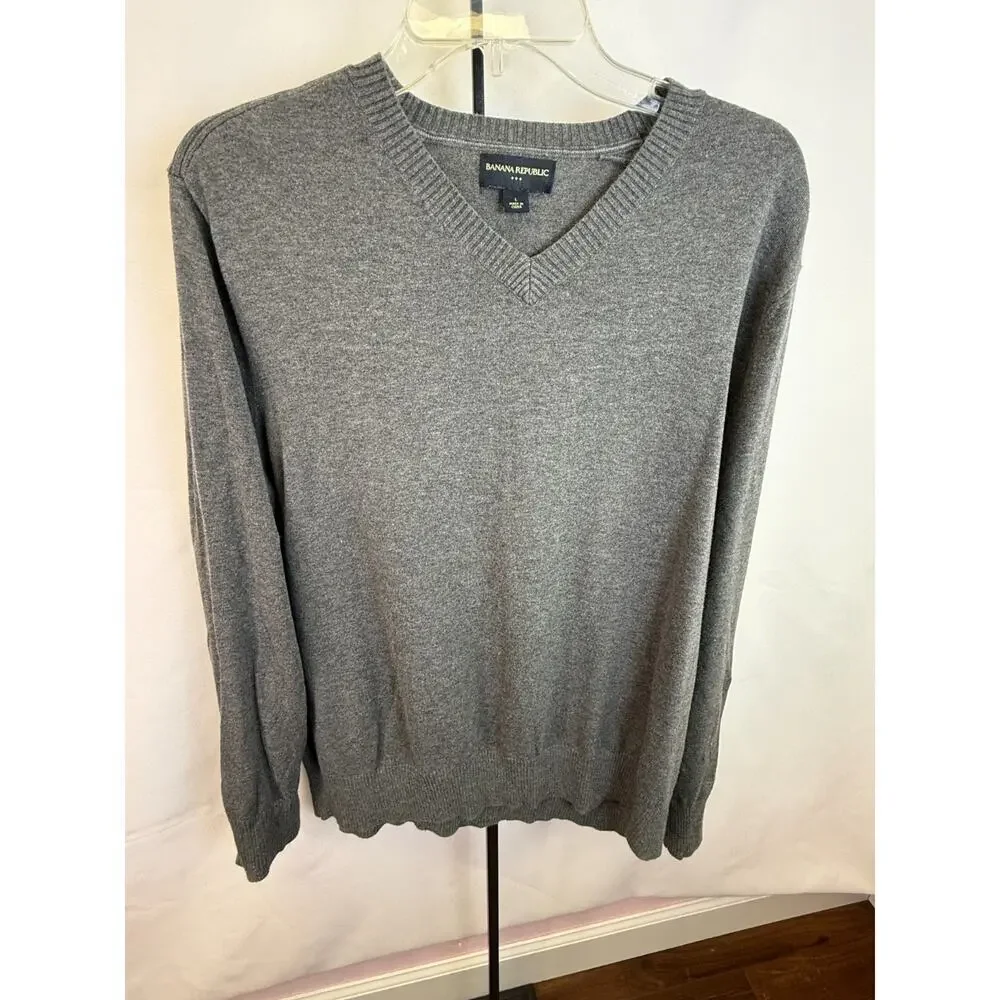 Banana Republic V Neck Sweater Gray 100% Cotton Classic Lightweight Large
